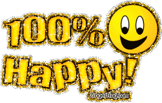 a happy face gif with giliters sparking, text on it saya 100% happy